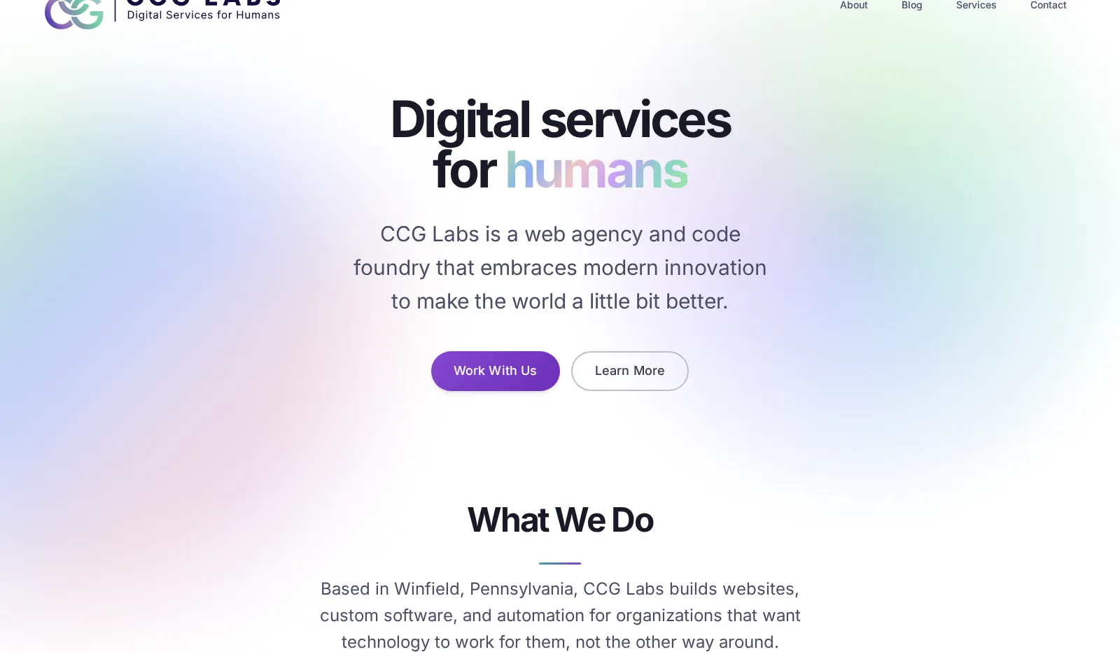 The CCG Labs homepage, showing the headline "Digital services for humans" over a soft pastel gradient.