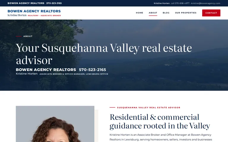 The About page: a banner reading "Your Susquehanna Valley real estate advisor" with the agency name, phone number and her title, then the start of her biography beside her portrait under the heading "Residential & commercial guidance rooted in the Valley."