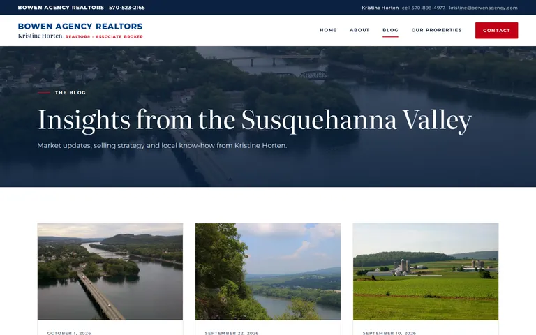 The blog listing, with a banner reading "Insights from the Susquehanna Valley" and three article cards, each with a landscape photograph and a date.