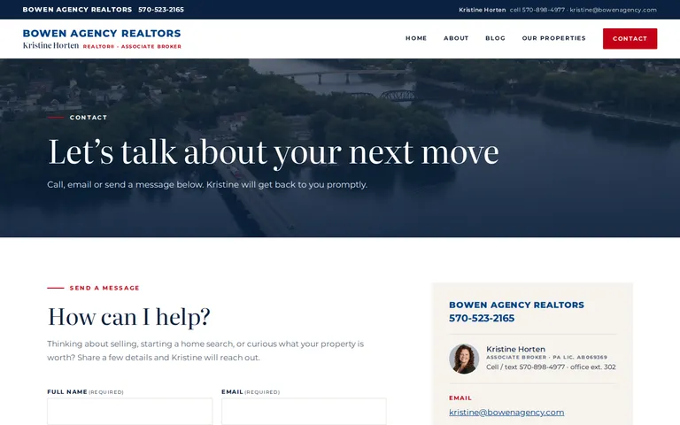 The Contact page: a banner reading "Let's talk about your next move", a form with name, email, phone, interest and message fields, and a panel with the agency phone number, Kristine's photograph and cell number, her email, the office address and the office hours.