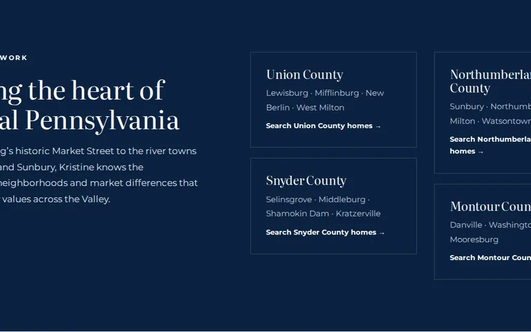 A dark blue "Serving the heart of Central Pennsylvania" section with an introduction on the left and cards for Union, Northumberland, Snyder and Montour counties on the right. Each lists towns and has a search link.