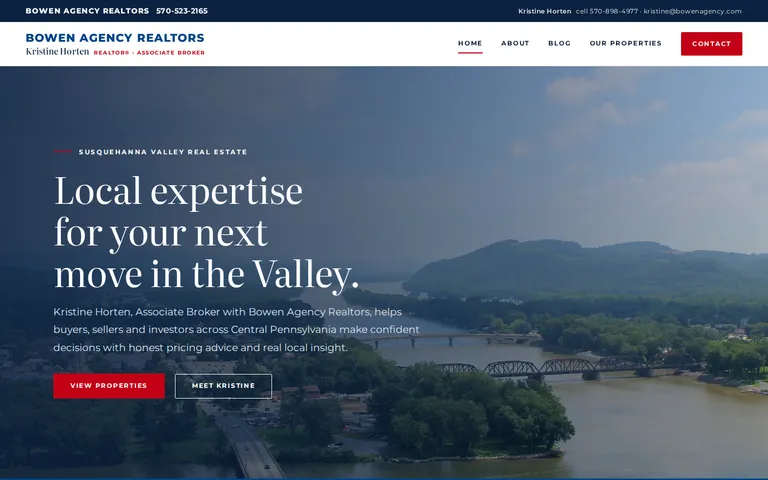 The top of the homepage: a Bowen Agency Realtors header with navigation and a red Contact button, then the headline "Local expertise for your next move in the Valley." over an aerial photograph of the river, with View Properties and Meet Kristine buttons and a strip of credentials below.