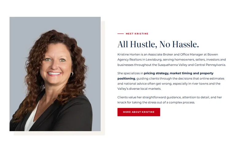 The "All Hustle, No Hassle." section, with a portrait of Kristine Horten on the left and three short paragraphs about her work on the right, ending in a More About Kristine button.