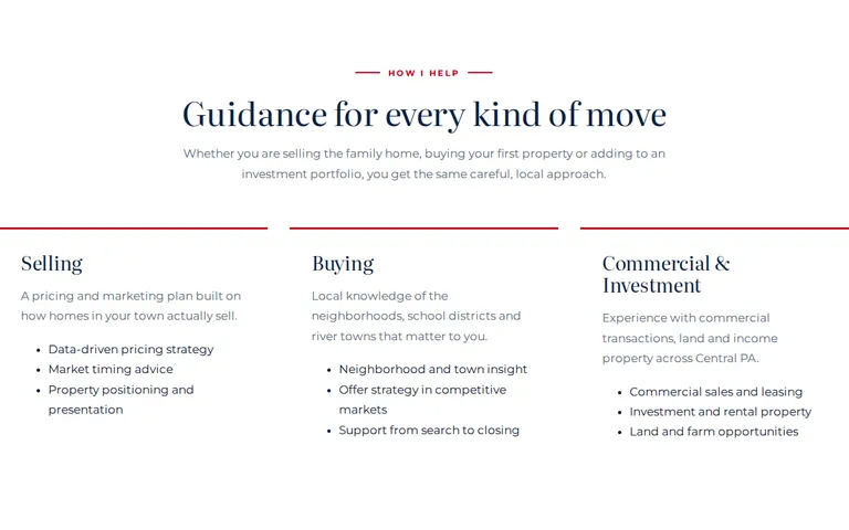 A "Guidance for every kind of move" section with three columns, Selling, Buying, and Commercial and Investment. Each has a one-line description and three bullet points under a red rule.