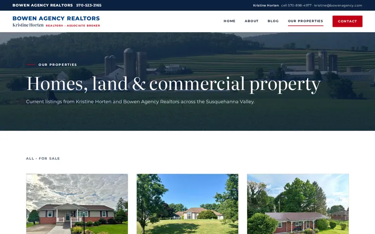 The Our Properties page: a banner reading "Homes, land & commercial property" over a farm landscape, then the first row of listing cards for homes in Selinsgrove and Sunbury under an "All, For Sale" filter label.