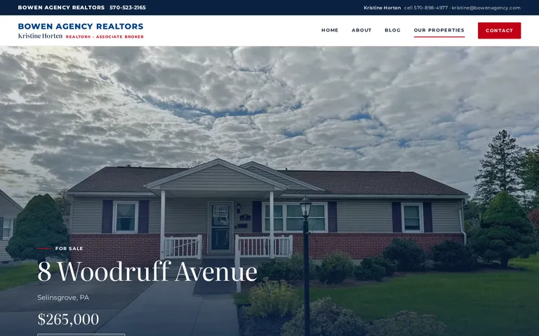 The page for 8 Woodruff Avenue in Selinsgrove, priced at $265,000. A full-width photograph of the house carries the address and a View All 40 Photos button, above a blue strip showing 3 bedrooms, 1 bathroom, 1,447 square feet, 0.18 acres and a 1970 build, and the start of a photo gallery.