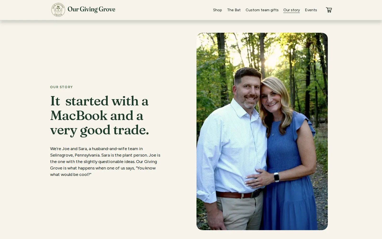 The Our Story page, headlined "It started with a MacBook and a very good trade," beside a photograph of a smiling couple in a wooded park.