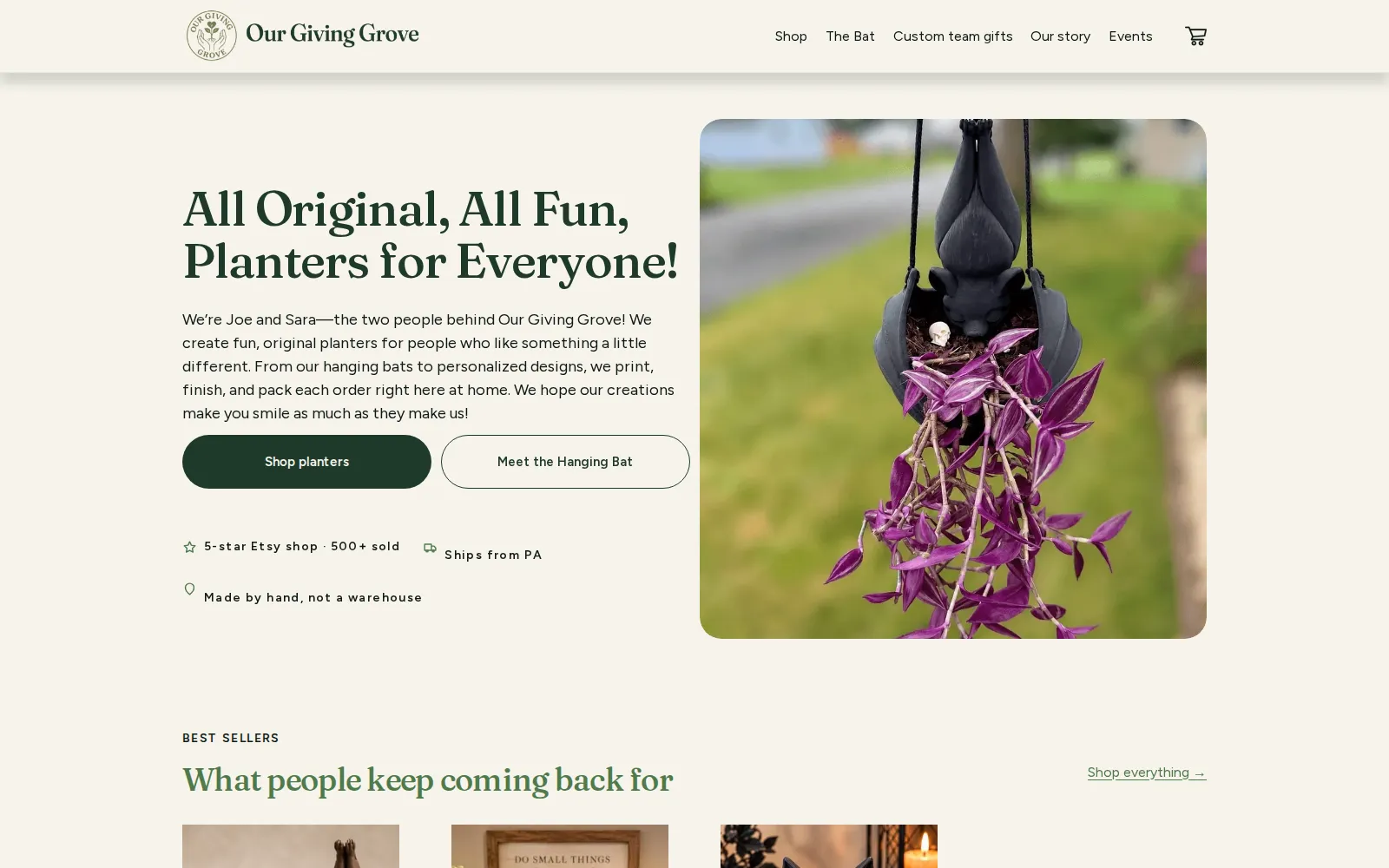 The new Our Giving Grove homepage, headlined "All Original, All Fun, Planters for Everyone!" beside a photograph of a bat-shaped hanging planter trailing purple leaves.