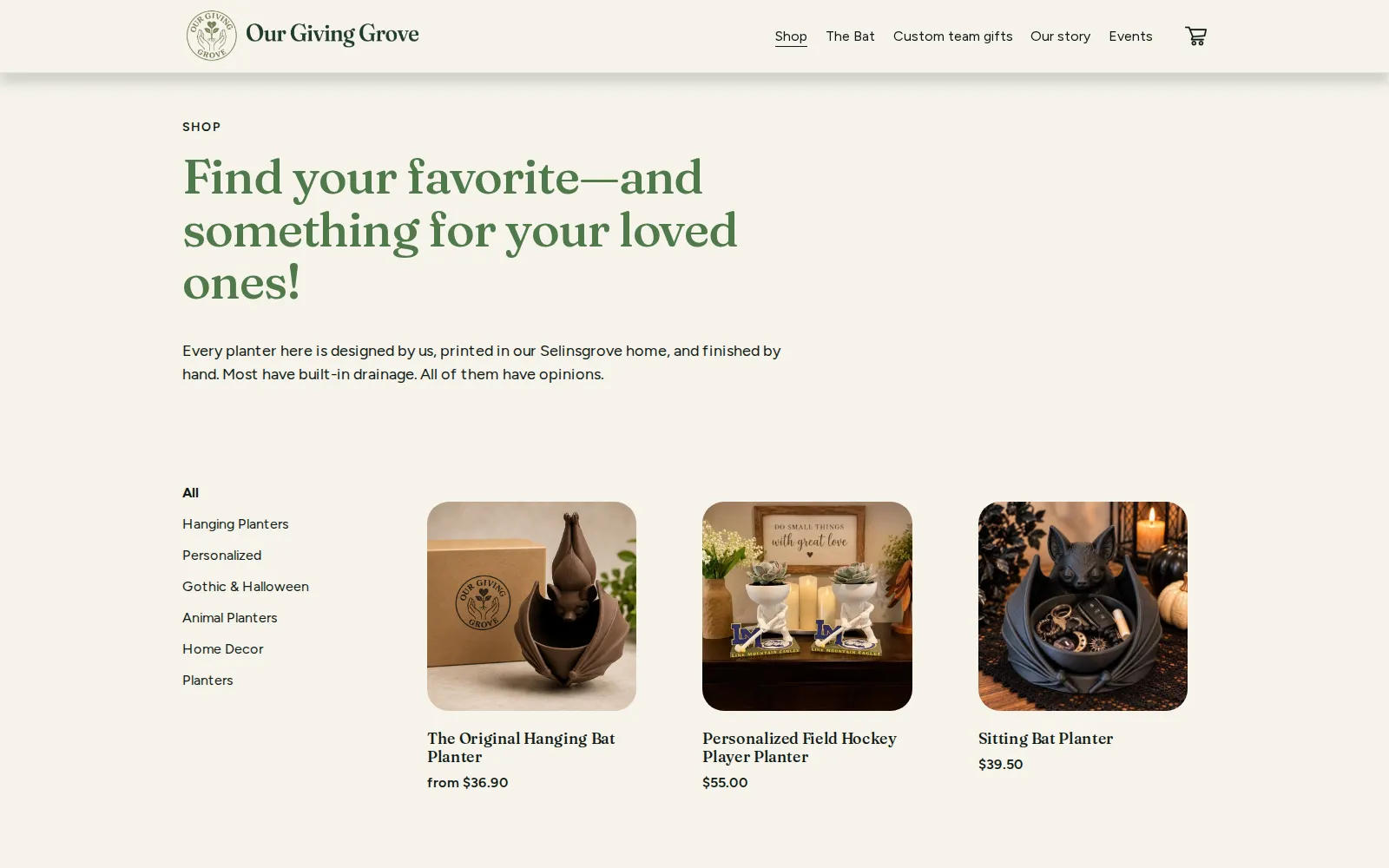 The Shop page, headlined "Find your favorite—and something for your loved ones!" with category links and product cards for a hanging bat planter, a personalized field hockey planter and a sitting bat planter.