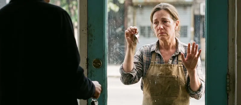 Seen from inside a darkened shop, a business owner in a work apron stands outside the locked glass door, holding up keys that do not work and looking defeated. Inside, in the foreground, another person stands with their back turned, the working keys hanging from their hand.