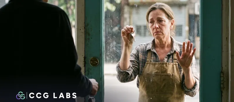 Seen from inside a darkened shop, a business owner in a work apron stands outside the locked glass door, holding up keys that do not work and looking defeated. Inside, in the foreground, another person stands with their back turned, the working keys hanging from their hand.
