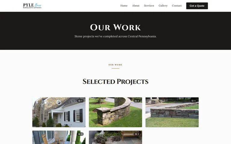 The Gallery page, headlined "Our Work," with a grid of completed stone projects — a veneered house, a curved garden wall, and a retaining wall.