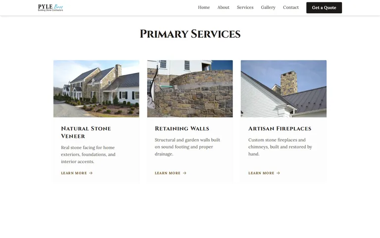The Services page, showing cards for Natural Stone Veneer, Retaining Walls, and Artisan Fireplaces, each with a project photograph.