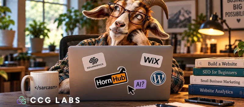 A goat in glasses and a flannel shirt sits at a desk in a sunny home office, chin in hoof, gazing at the ceiling in exasperation. The laptop in front of it is covered in stickers for Squarespace, Wix, WordPress, a "HornHub" parody logo and one that just asks "AI?". Beside it are a mug reading "</sarcasm>" and a stack of books including Build a Website and SEO for Beginners.